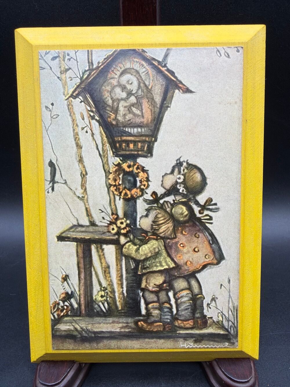 Vintage Hummel Wall Plaque Children at Madonna Shrine Religious Print Wood 5x7